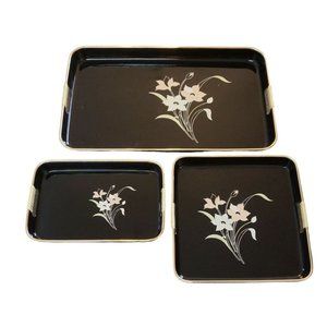 Vintage Japanese Lacquer Nesting Trays 3 Piece Serving Set Floral Gold Japan MCM